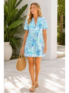 Lilly Pulitzer Quincey Shell of a Party Dress XL Blue Floral Mini Short Sleeve